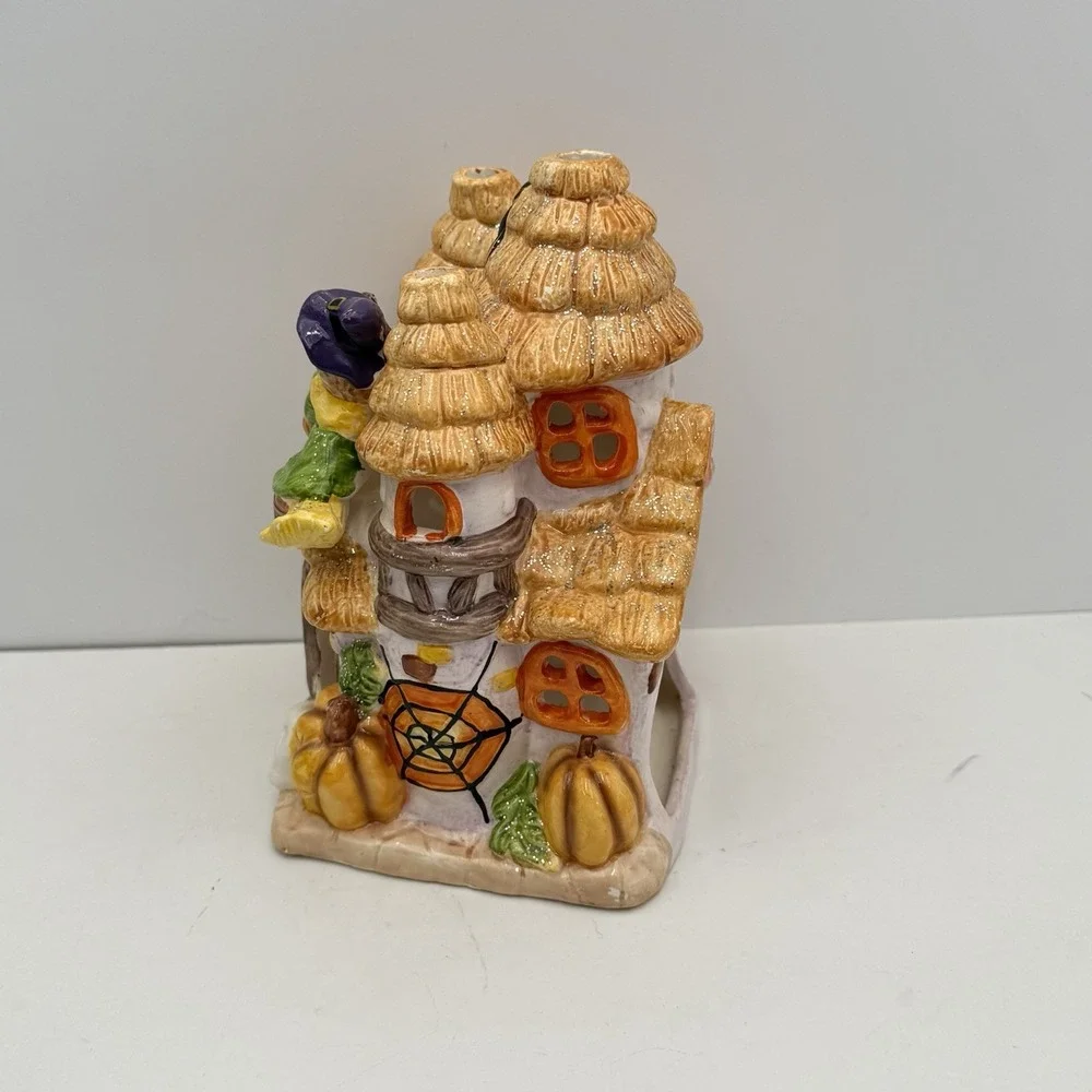 Halloween House Vintage Fall Tea Light Luminary Ceramic Scarecrow Spider Autumn